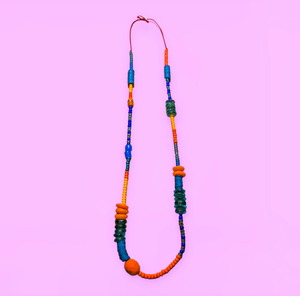 Beaded Orange + Blue Necklace ~ One of a Kind
