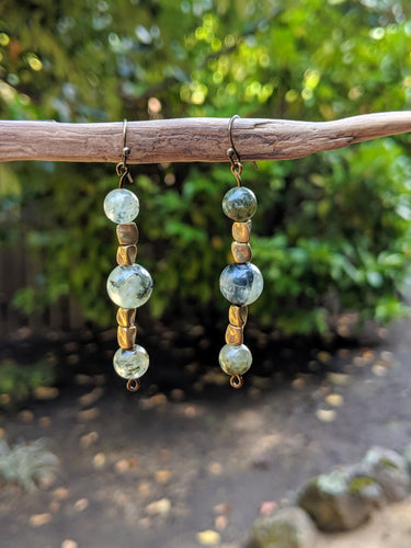 Prehnite + Brass Stripe Earrings