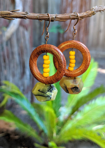Yellow Agate + Wooden Ring Earrings