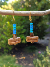 Load image into Gallery viewer, Blue Beads + Wood Earrings