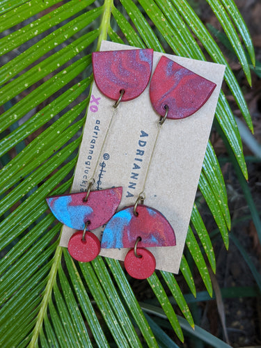 Blue + Red Swirly Dangle Earrings