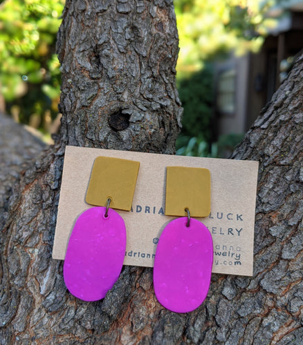 Mustard Square + Fuchsia Drop Earrings