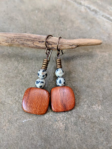 Wood, Dalmatian Jasper & Metal Earrings