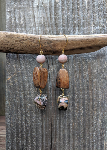 Rhodonite + Wood Earrings
