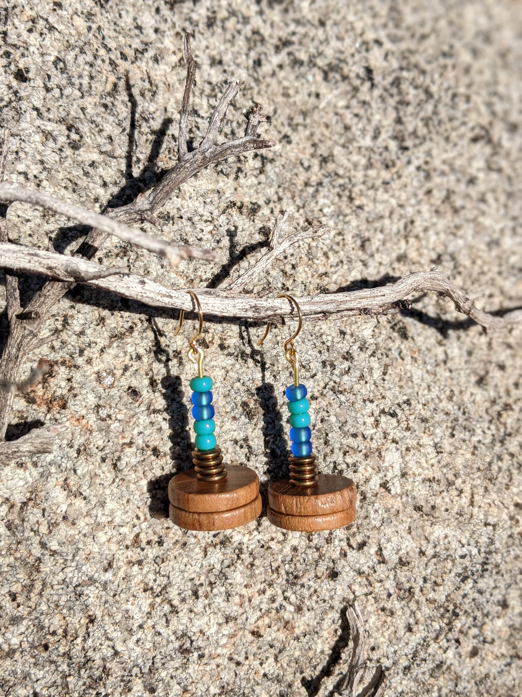 Blue Beads + Wood Earrings