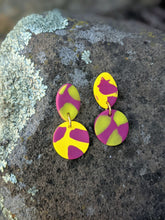 Load image into Gallery viewer, Splatter Series Yellow + Violet Swap Dangle Earrings