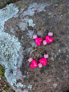 Beaded Pink Heart Hoop Earrings ~ Small Batch Earrings